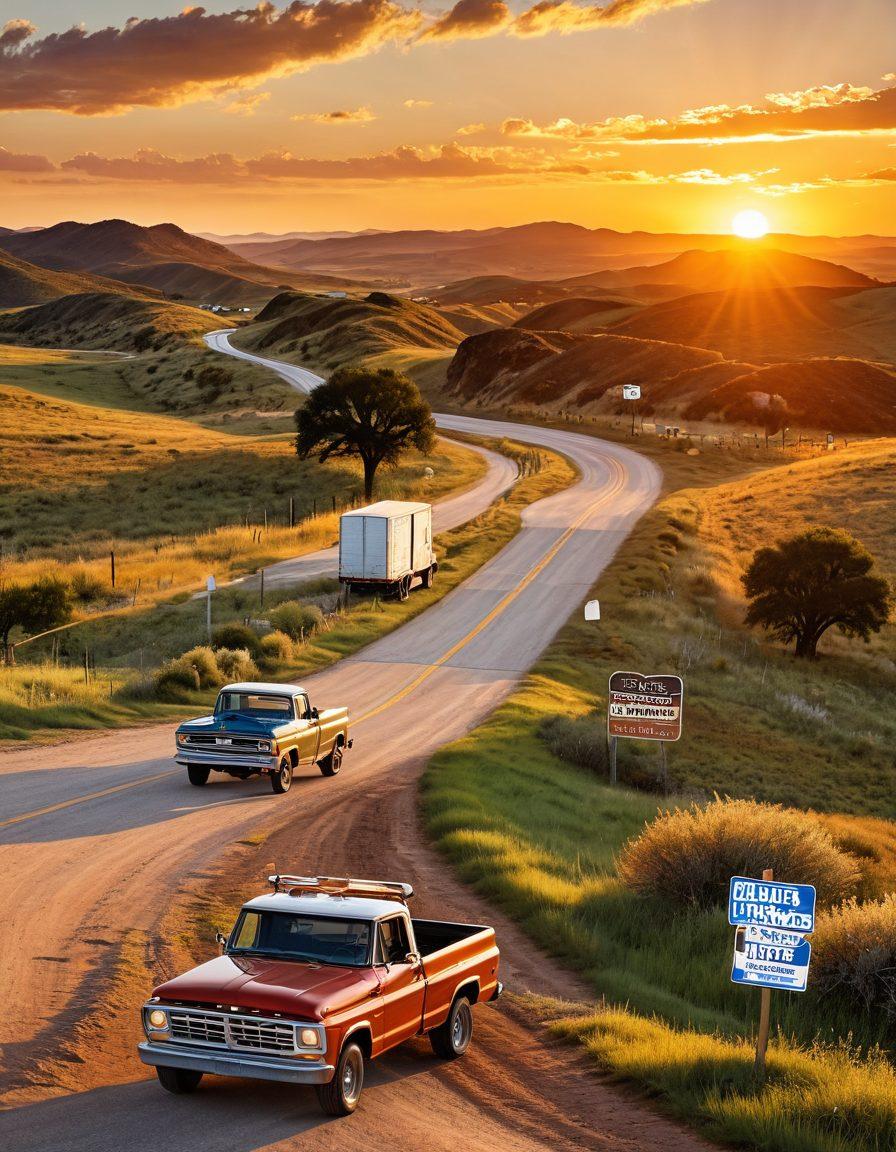 A Texas landscape featuring a winding road symbolizing a financial journey, with various road signs that display credit improvement tips. Include a diverse group of people discussing finances beside a vintage pickup truck. In the background, a sunset casts warm light over rolling hills. Emphasize a sense of hope and guidance. vibrant colors. super-realistic.