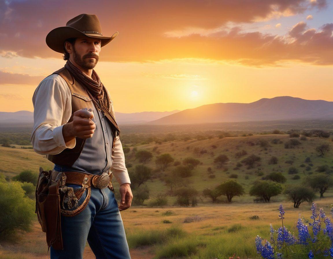 A Texan cowboy holding a credit report in one hand and a lasso in the other, standing confidently in front of a sunset over rolling hills. In the background, incorporate symbols of finance, like stacks of coins and dollar signs, blending with iconic Texas imagery such as a longhorn and bluebonnets. Include a sense of determination and resilience in the cowboy's expression, cultivating an empowering atmosphere. super-realistic. vibrant colors. western theme.