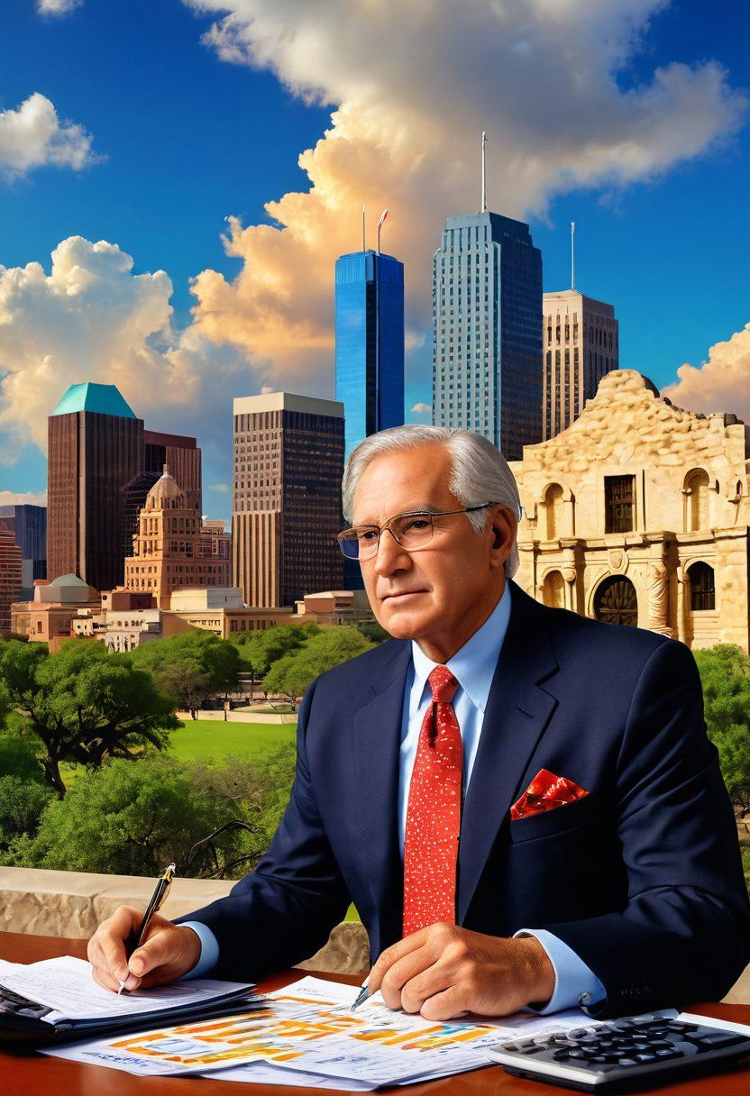 A confident Texan individual analyzing financial reports with a backdrop of iconic Texas landmarks like the Alamo and a sprawling city skyline. Include elements like a calculator, credit score graphs, and vibrant dollar signs floating around, symbolizing financial success. The scene should convey empowerment and growth in finance, using warm, inviting colors. 3D. vibrant colors. dynamic composition.